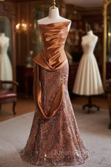 Brown Mermaid Strapless Sequins Satin Evening Prom Dress