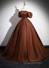 Brown Satin A-Line Short Sleeves Party Dress, Simple Satin Evening Prom Dress Evening Dress
