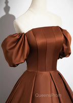 Brown Satin A-Line Short Sleeves Party Dress, Simple Satin Evening Prom Dress Evening Dress