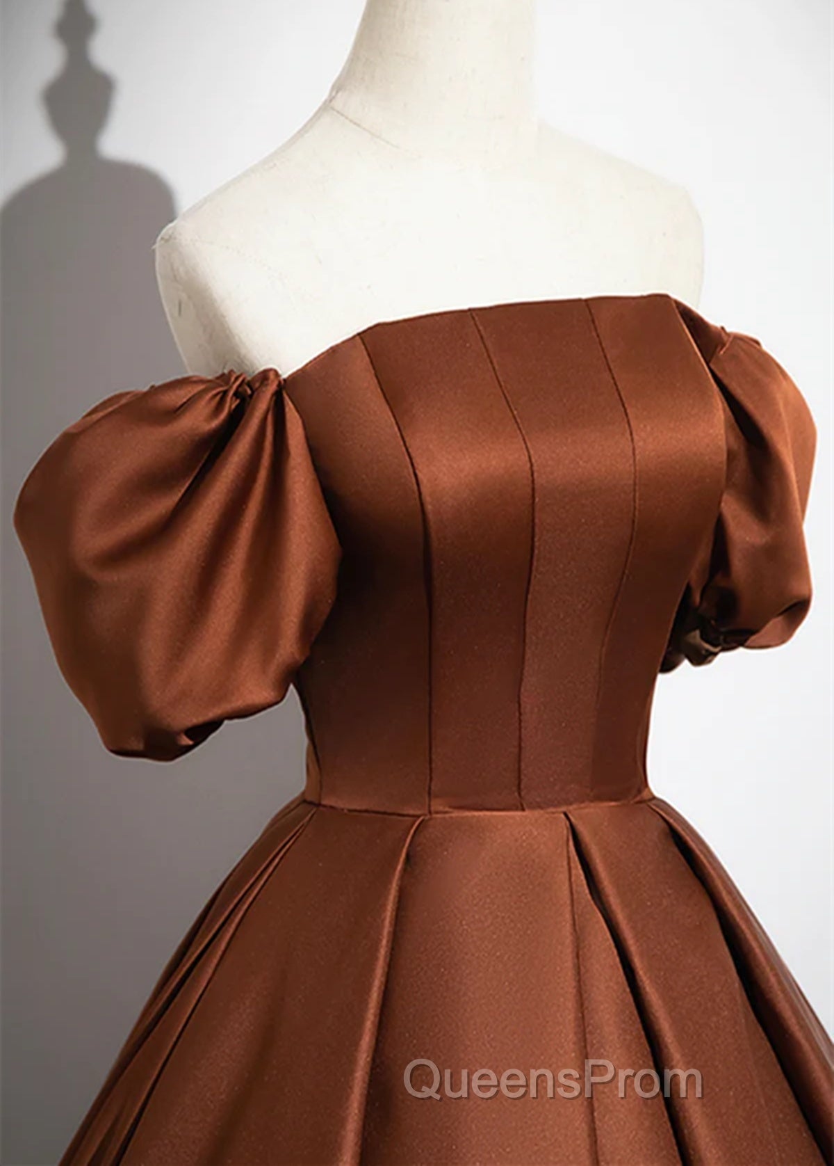Brown Satin A-Line Short Sleeves Party Dress, Simple Satin Evening Prom Dress Evening Dress