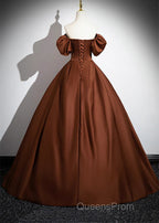 Brown Satin A-Line Short Sleeves Party Dress, Simple Satin Evening Prom Dress Evening Dress