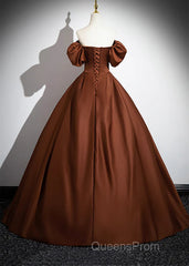 Brown Satin A-Line Short Sleeves Party Dress, Simple Satin Evening Prom Dress Evening Dress