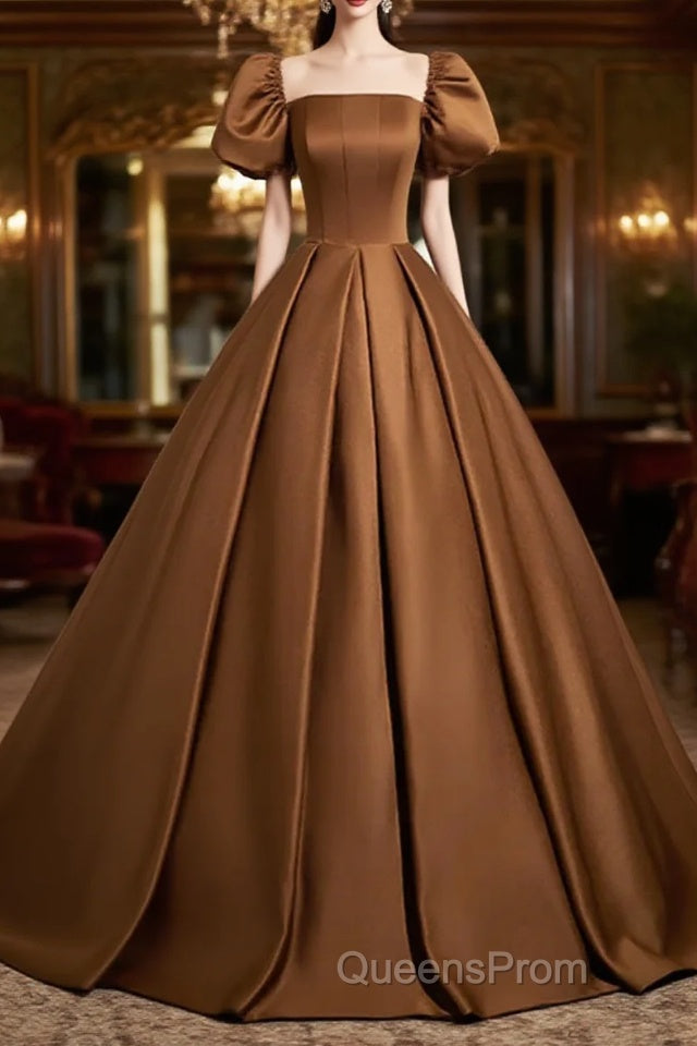 Brown Satin A-Line Short Sleeves Party Dress, Simple Satin Evening Prom Dress Evening Dress Main image