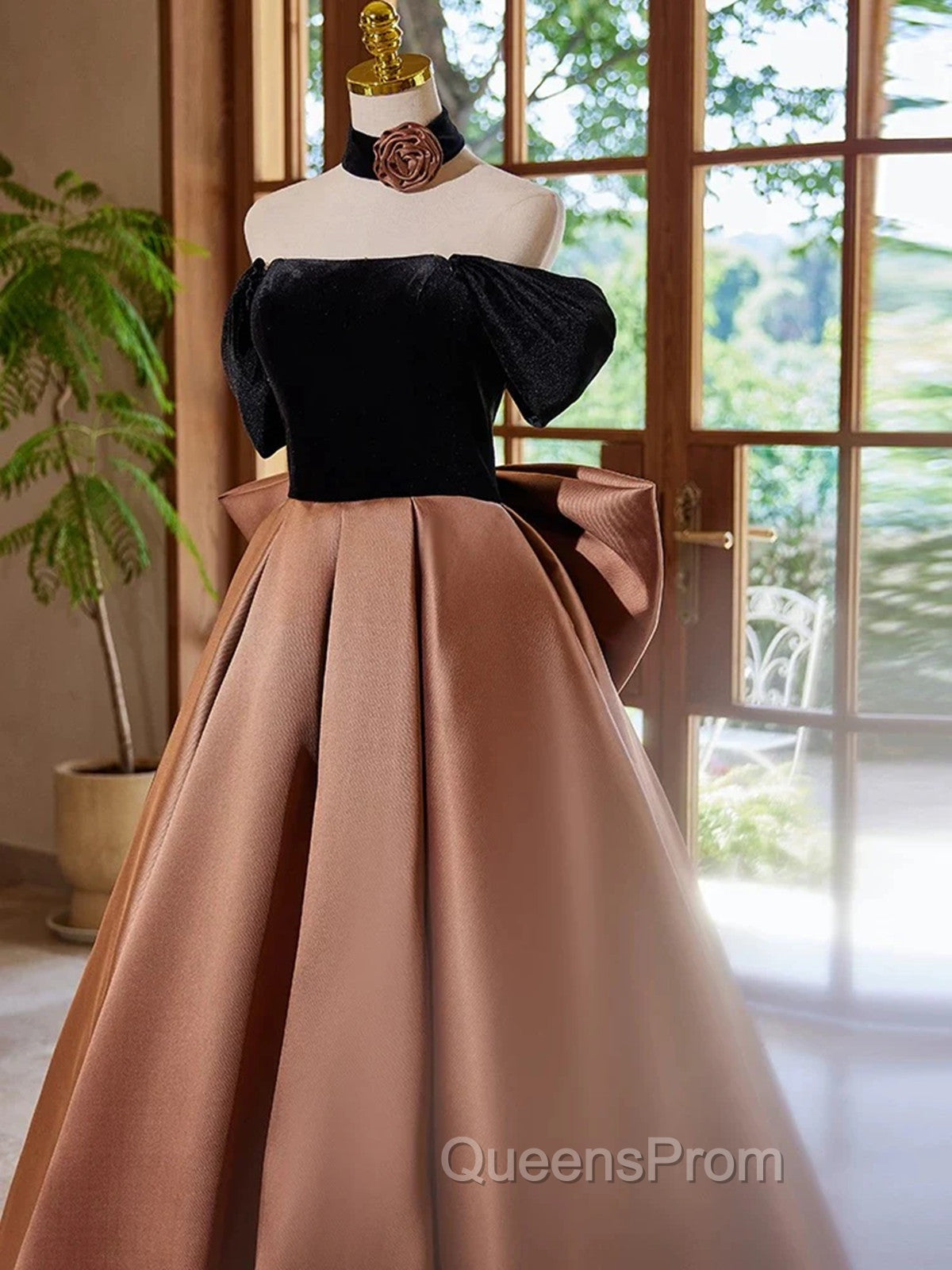 Brown Satin And Black Velvet Evening Prom Dress, Off Shoulder A-Line Party Dress Secondary image