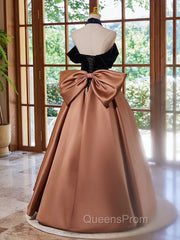 Brown Satin And Black Velvet Evening Prom Dress, Off Shoulder A-Line Party Dress