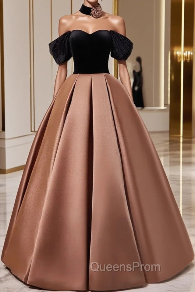 Brown Satin And Black Velvet Evening Prom Dress, Off Shoulder A-Line Party Dress Main image
