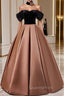 Brown Satin And Black Velvet Evening Prom Dress, Off Shoulder A-Line Party Dress