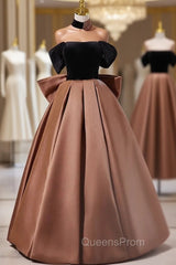 Brown Satin Black Velvet Off the Shoulder Evening Prom Dress