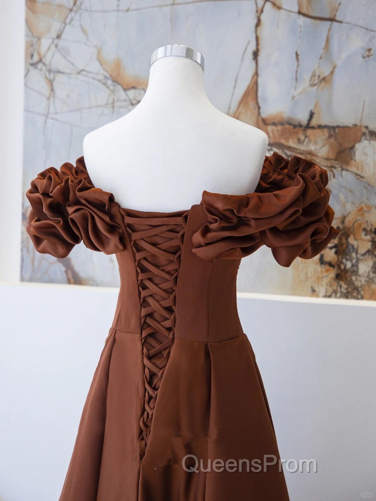Brown Satin Off Shoulder A-Line Evening Prom Dress, Brown Satin Evening Dress Formal Dress Secondary image