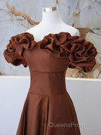 Brown Satin Off Shoulder A-Line Evening Prom Dress, Brown Satin Evening Dress Formal Dress