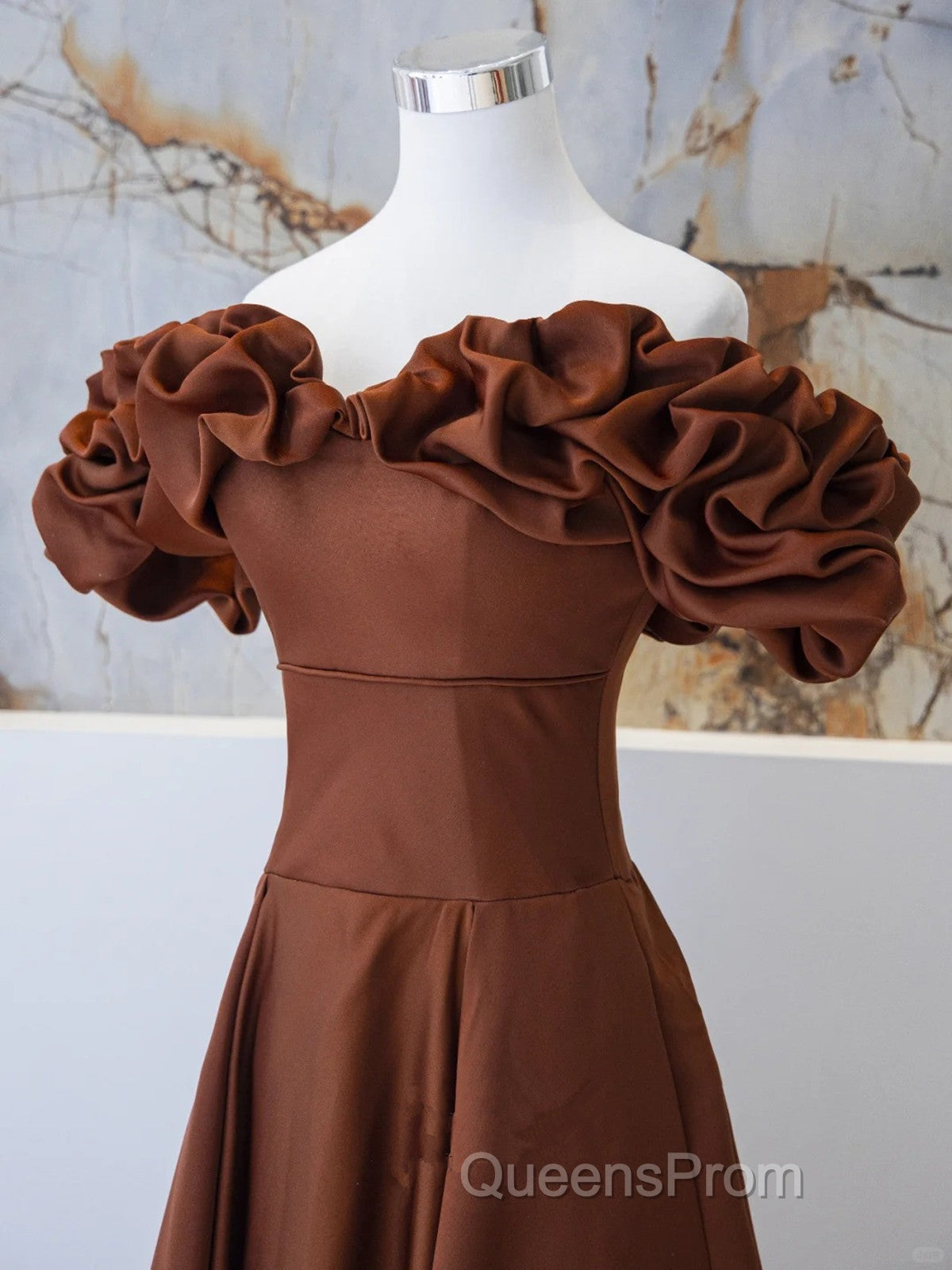 Brown Satin Off Shoulder A-Line Evening Prom Dress, Brown Satin Evening Dress Formal Dress