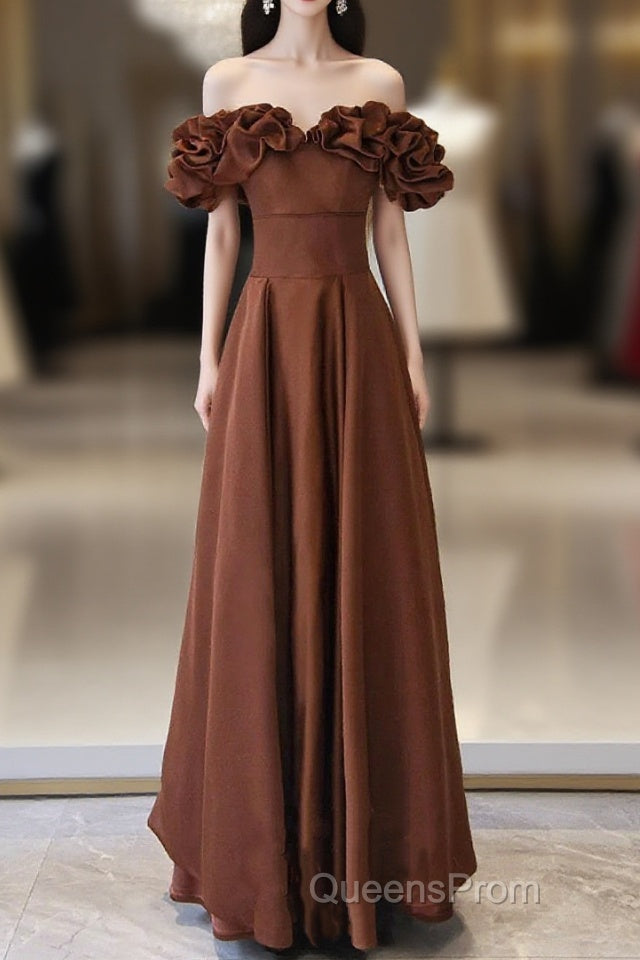 Brown Satin Off Shoulder A-Line Evening Prom Dress, Brown Satin Evening Dress Formal Dress Main image