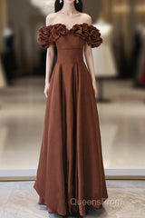 Brown Satin Off Shoulder A-Line Evening Prom Dress, Brown Satin Evening Dress Formal Dress