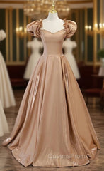 Brown Satin Puff Sleeve Beading Evening Prom Dress