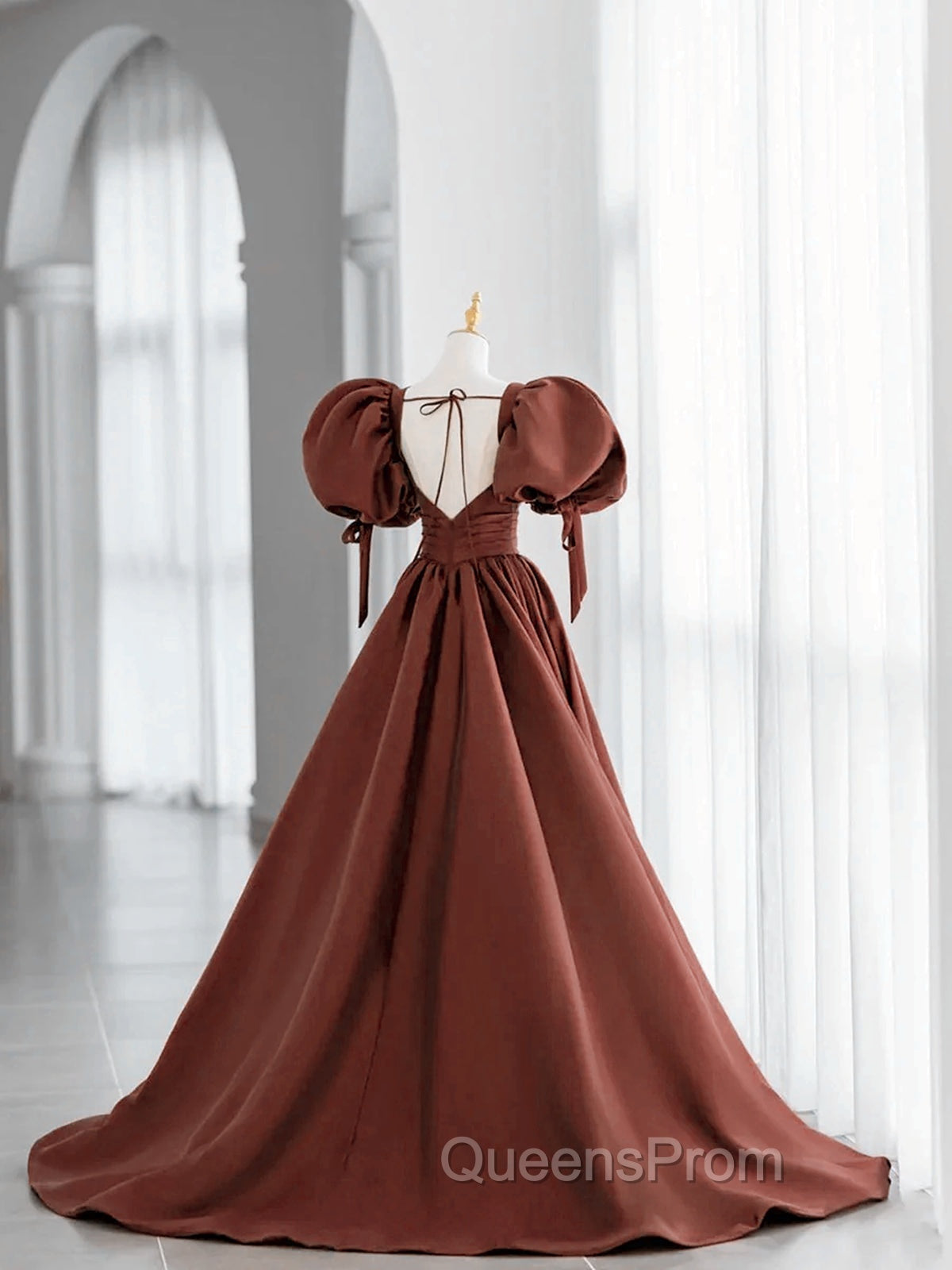 Brown Satin Short Sleeves Long Party Dress, Brown V-neckline Evening Prom Dress Secondary image