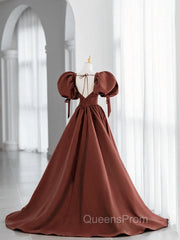 Brown Satin Short Sleeves Long Party Dress, Brown V-neckline Evening Prom Dress