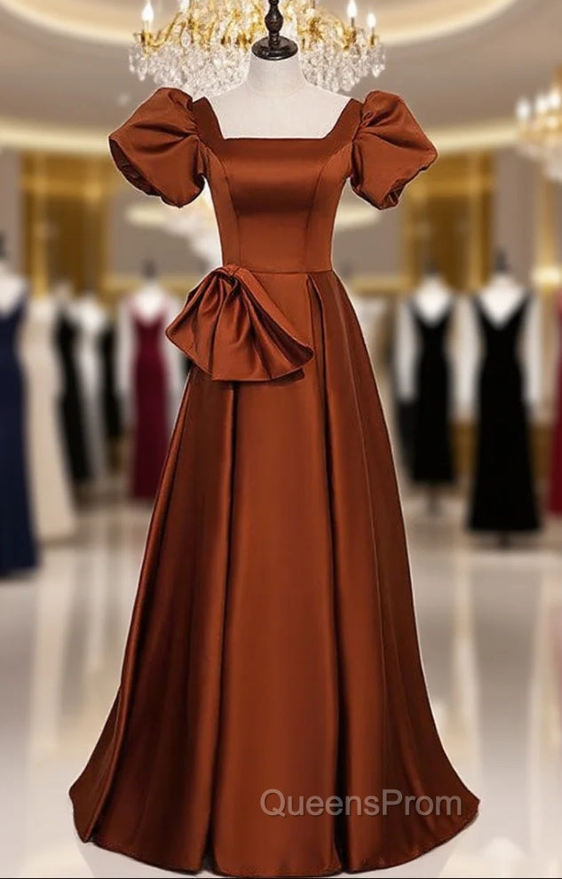 Brown Satin Square Puff Sleeve Bow Evening Prom Dress Main image