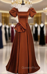 Brown Satin Square Puff Sleeve Bow Evening Prom Dress