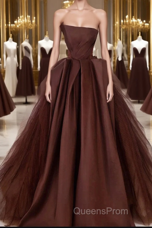 Brown Satin Tulle Long Evening Prom Gown, Brown Long Evening Dress Main image