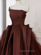 Brown Satin Tulle Long Evening Prom Gown, Brown Long Evening Dress