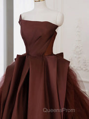Brown Satin Tulle Long Evening Prom Gown, Brown Long Evening Dress