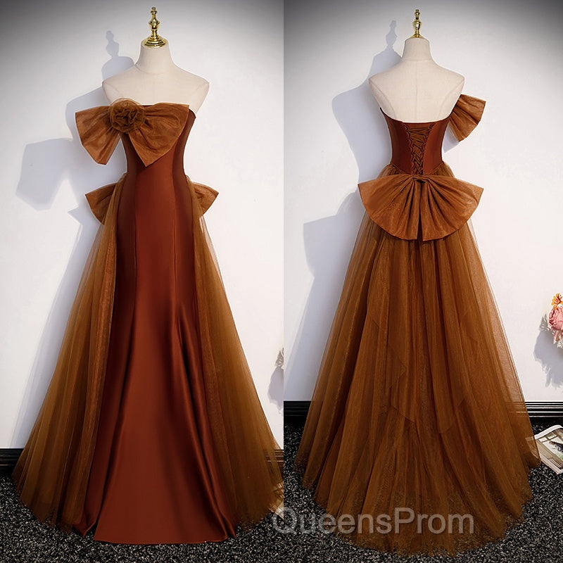 Brown Tulle And Satin Mermaid Long Party Dress, Long Formal Dress Evening Prom Dress