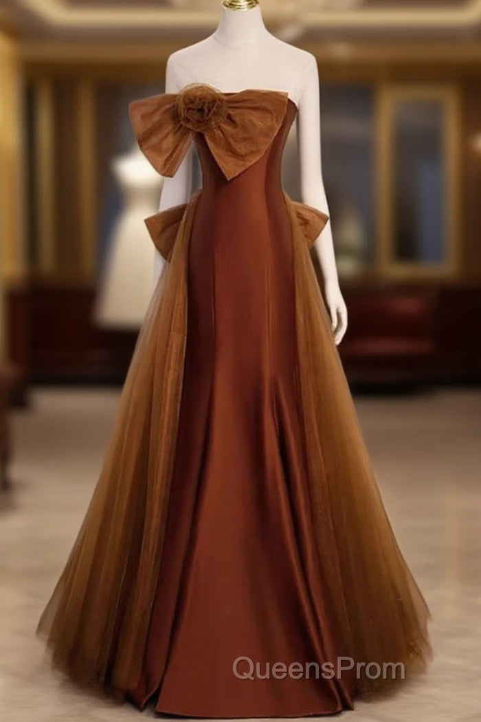 Brown Tulle And Satin Mermaid Long Party Dress, Long Formal Dress Evening Prom Dress Main image
