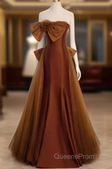 Brown Tulle And Satin Mermaid Long Party Dress, Long Formal Dress Evening Prom Dress