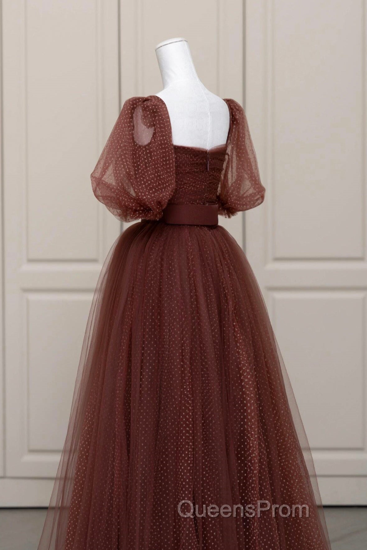 Brown Tulle Floor Length Evening Prom Dress, A-Line Short Sleeve Evening Party Dress Secondary image