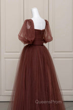 Brown Tulle Floor Length Evening Prom Dress, A-Line Short Sleeve Evening Party Dress