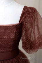 Brown Tulle Floor Length Evening Prom Dress, A-Line Short Sleeve Evening Party Dress