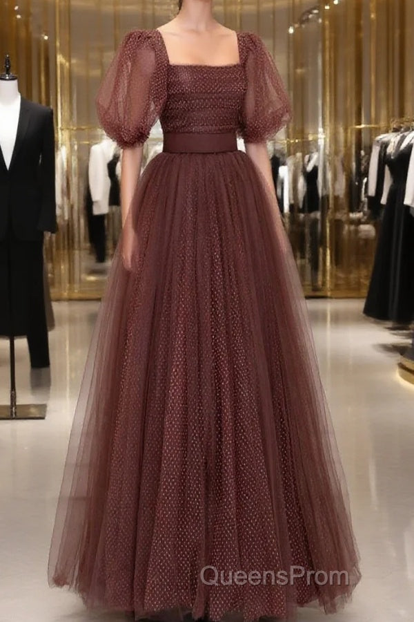 Brown Tulle Floor Length Evening Prom Dress, A-Line Short Sleeve Evening Party Dress Main image