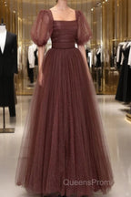 Brown Tulle Floor Length Evening Prom Dress, A-Line Short Sleeve Evening Party Dress