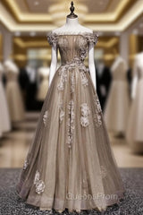 Brown Tulle Off the Shoulder Long Evening Prom Dress