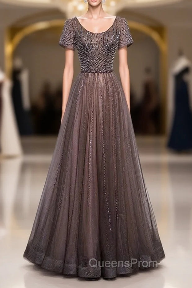 Brown Tulle V-neck Short Sleeve Beading Sequins Evening Prom Dress Main image