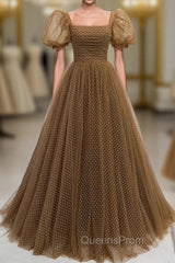 Brown Wave Point Tulle Puff Sleeve Evening Prom Dress
