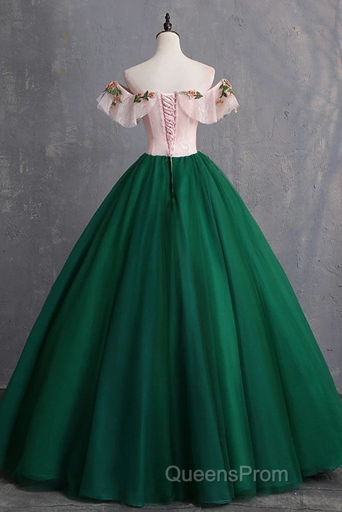 Green Off the Shoulder Floor Length Evening Prom Dress with Appliques, Puffy Quinceanera Dress Secondary image