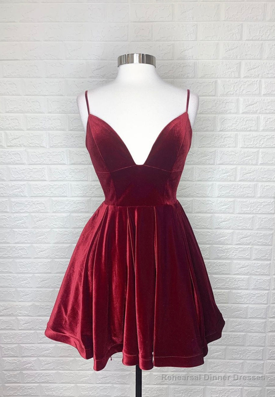 Burgundy V-Neck Velvet Short Prom Dresses, A-Line Party Dresses Main image