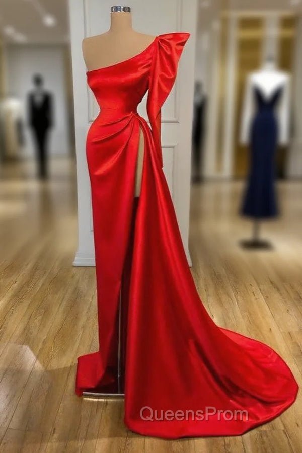 Bubble Sleeve One-shoulder Red High-split Long Evening Dress Main image