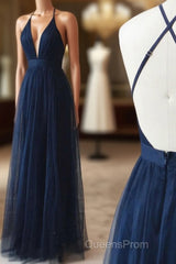 Simple Tulle Blue Long Evening Prom Dress, A Line Backless Evening Dress