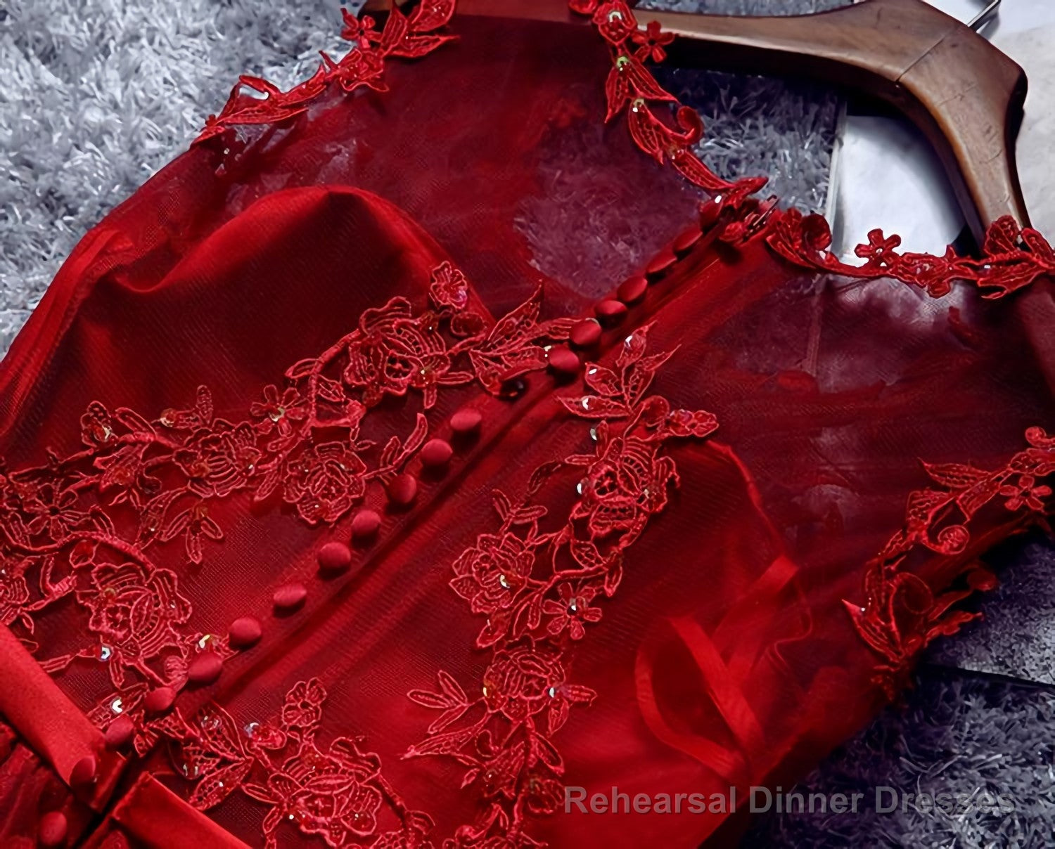 Burgundy Lace Tulle Short Prom Dress, Lace Evening Dress