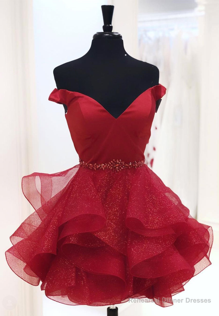 Burgundy V-Neck Off the Shoulder Short Prom Dresses Main image