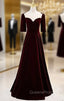 Burgudny Velvet Square Short Sleeve Pleats Evening Prom Dress