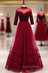 Burgund Tulle Velvet Half Sleeve Beading Evening Prom Dress