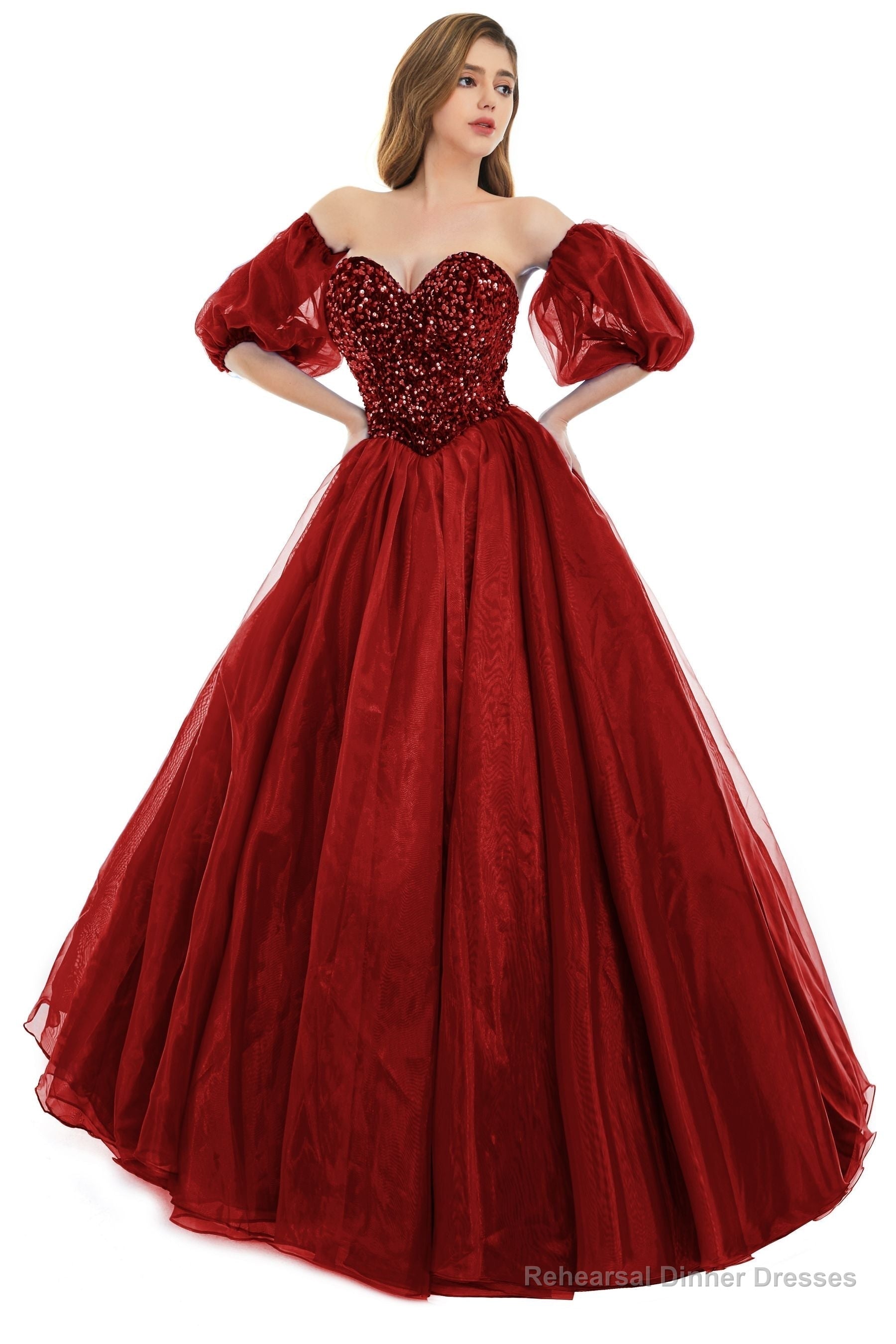 Burgunday Tulle Sequins Sweetheart Prom Dresses Spaghetti Straps Evening Quinceanera Dresses Main image
