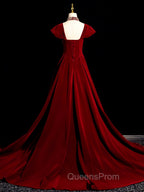 Burgundy A Line Beaded Velvet Long Evening Prom Dress