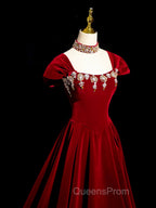 Burgundy A Line Beaded Velvet Long Evening Prom Dress