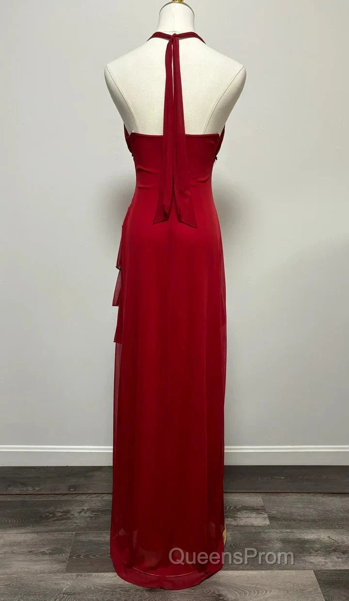 Burgundy A-Line Halter V Neck Chiffon Backless Evening Prom Dress,Bridesmaid Dress With Ankle Length Secondary image