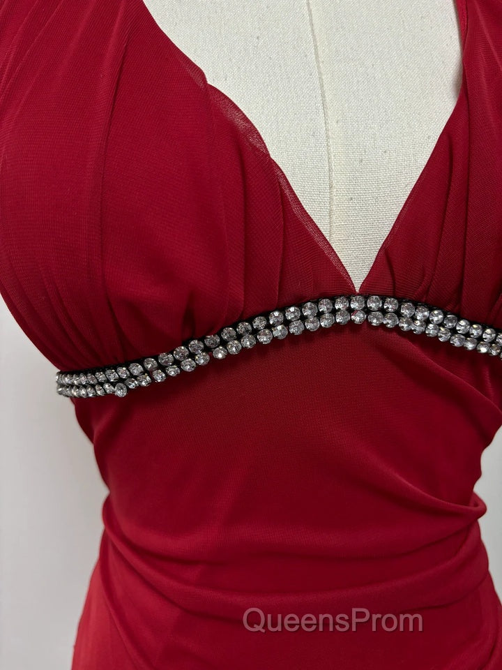 Burgundy A-Line Halter V Neck Chiffon Backless Evening Prom Dress,Bridesmaid Dress With Ankle Length