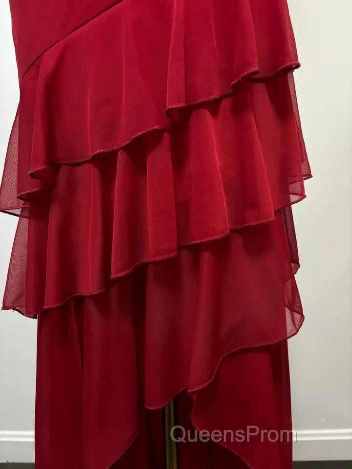 Burgundy A-Line Halter V Neck Chiffon Backless Evening Prom Dress,Bridesmaid Dress With Ankle Length
